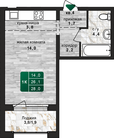 Планировка 1-комн 28 м²