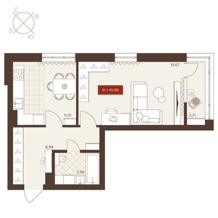Планировка 1-комн 45,86, 45,99 м²