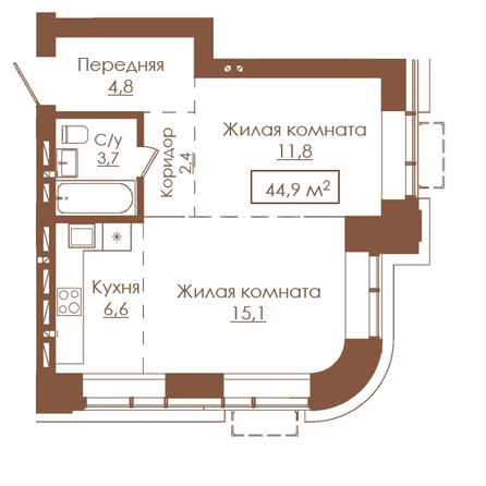Планировка 2-комн 44,9 м²