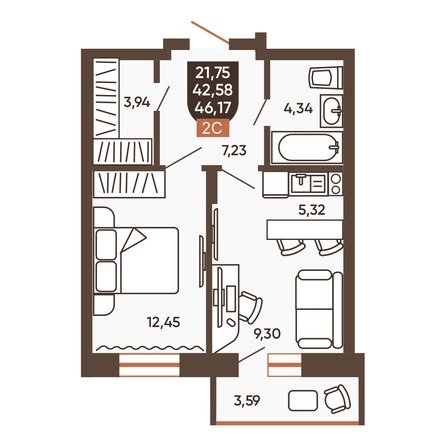 Планировка 2-комн 43,75 - 44,44 м²