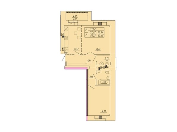Планировка 2-комнатной квартиры 62,45 кв.м