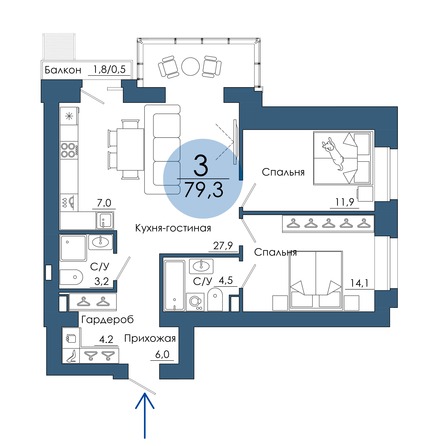 Планировка 3-комн 79,3 м²