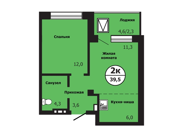 Планировка 2-комн 39,4 - 39,6 м²