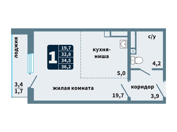 Планировка 1-комн 36,2, 36,6 м²