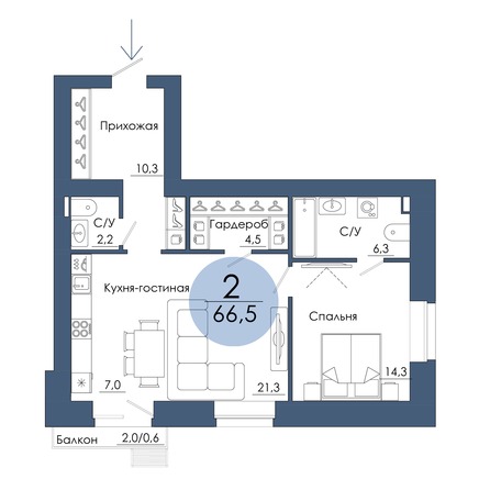 Планировка 2-комн 66,5 м²