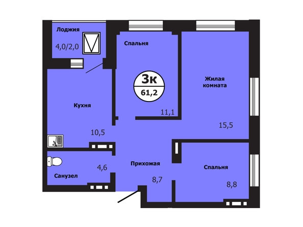 Планировка 3-комн 61,2 - 61,5 м²