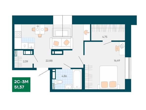 Планировка 1-комн 51,37 м²