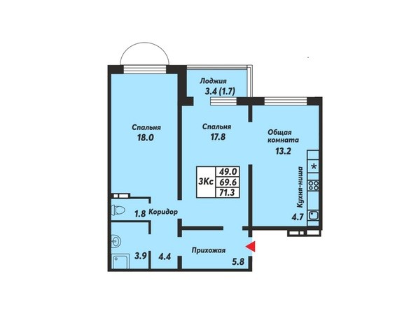Планировка 3-комнатной квартиры 71,3 кв.м