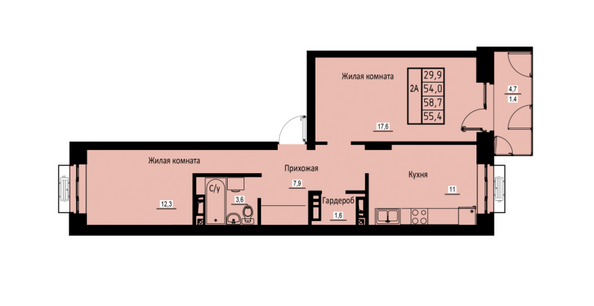 Планировка 2-комн 55,4 м²