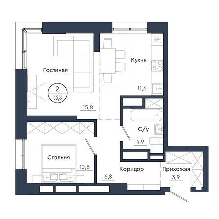 Планировка 2-комн 53,8, 53,9 м²