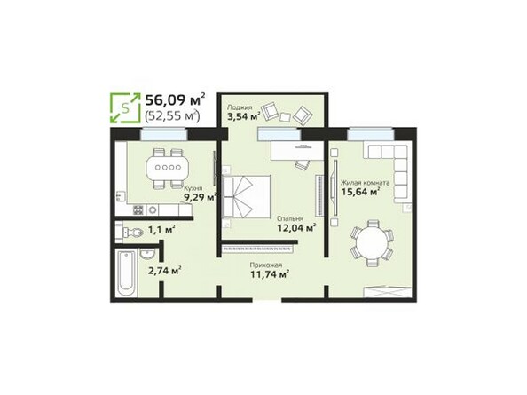 Планировка двухкомнатной квартиры 56,09 кв.м