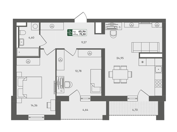 Планировка 2-комн 75,3 м²