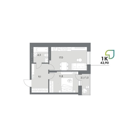 Планировка Студия 43,9 - 44,3 м²