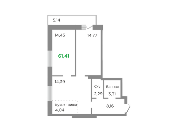 Планировка трехкомнатной квартиры 61,41 кв.м