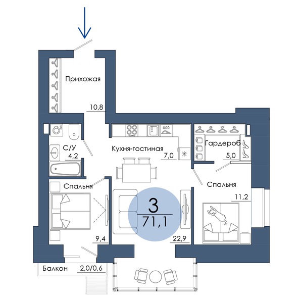 Планировка 3-комн 71,1 м²