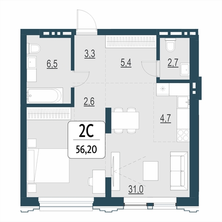 Планировка 2-комн 56,2, 57 м²