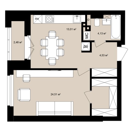 Планировка Студия 47,07 - 47,43 м²