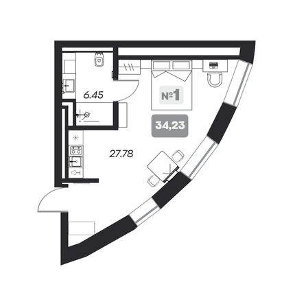 Планировка Студия 34,23 м²