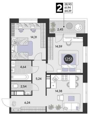 Планировка 2-комн 64,39 м²