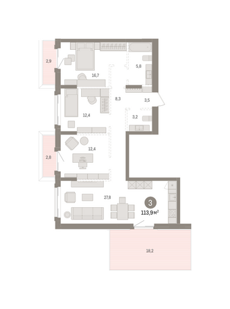 Планировка 3-комн 113,93 м²