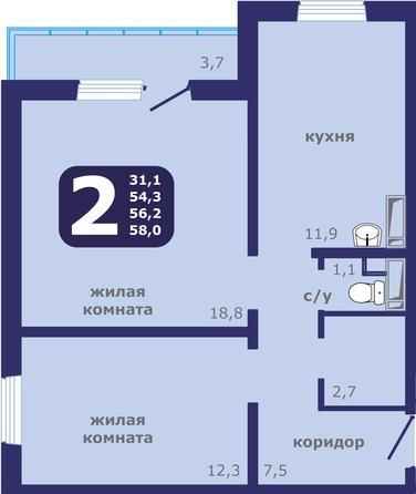 Планировка 2-комн 58 м²