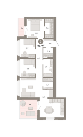 Планировка 3-комн 96,66, 97,95 м²