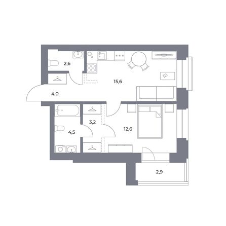 Планировка 1-комн 45,4, 45,7 м²