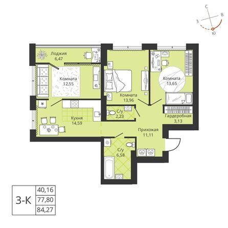 Планировка 3-комн 77,8, 78,2 м²