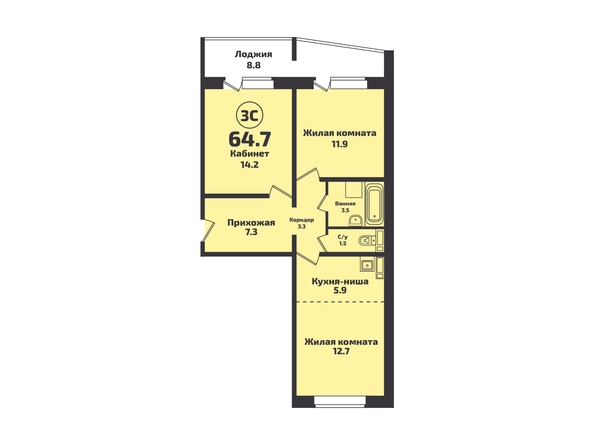 Планировка 3-комн 64,7 м²