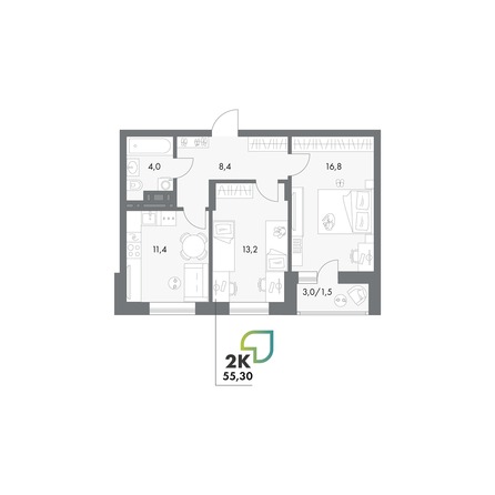 Планировка 2-комн 55,3 м²