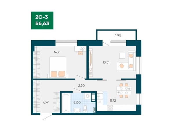 Планировка 2-комн 56,63 м²