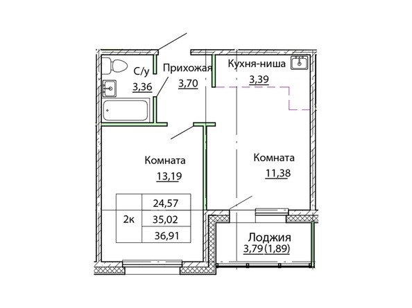 Планировка двухкомнатной квартиры 36,91 кв.м