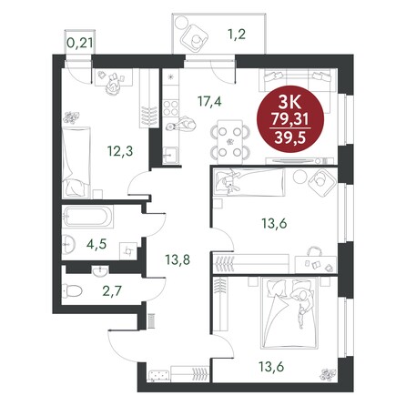 Планировка 3-комн 79,31 м²