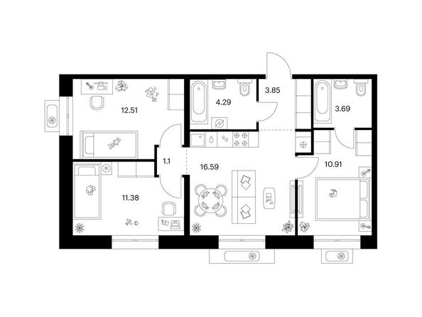 Планировка 3-комн 64,32 м²