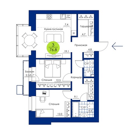 Планировка 3-комн 76,8 м²