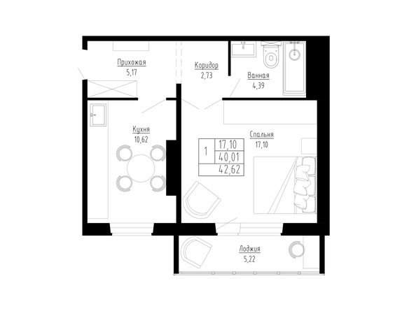 Планировка 1-комн 43 м²