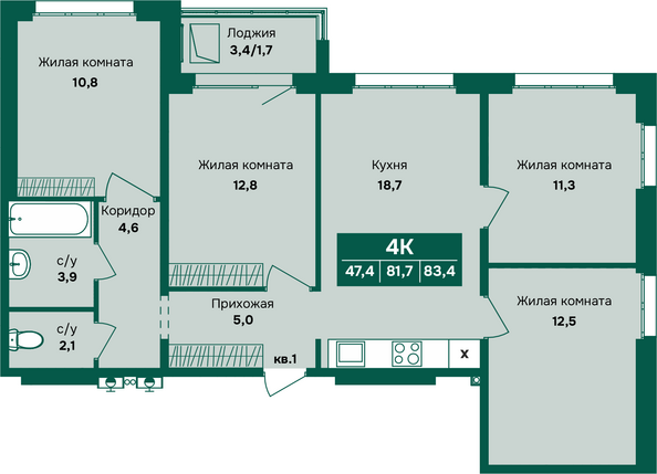 Планировка 4-комн 83,4 м²