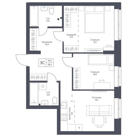 Планировка Студия 68 м²