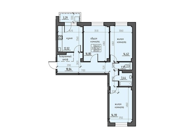 Планировка трехкомнатной квартиры 83,61 кв.м
