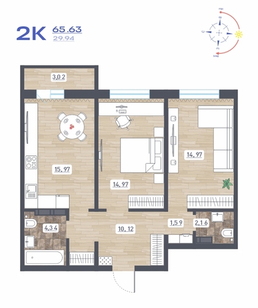 Планировка 2-комн 65,63 м²