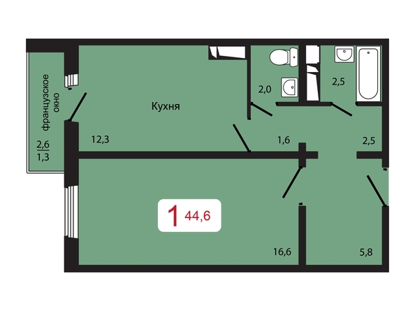 Планировка 1-комн 44,6 м²