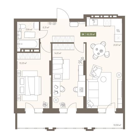 Планировка 2-комн 62,35 м²