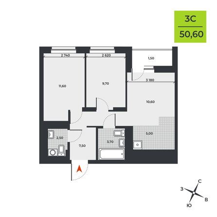 Планировка 3-комн 50,6 м²