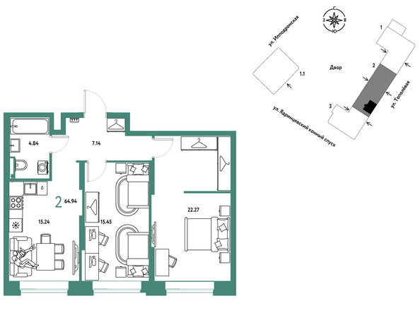 Планировка 2-комн 64,94 м²