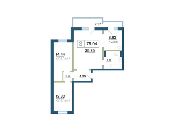 Планировка 3-комн 76,94 м²