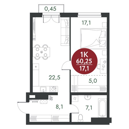 Планировка 1-комн 60,25 м²