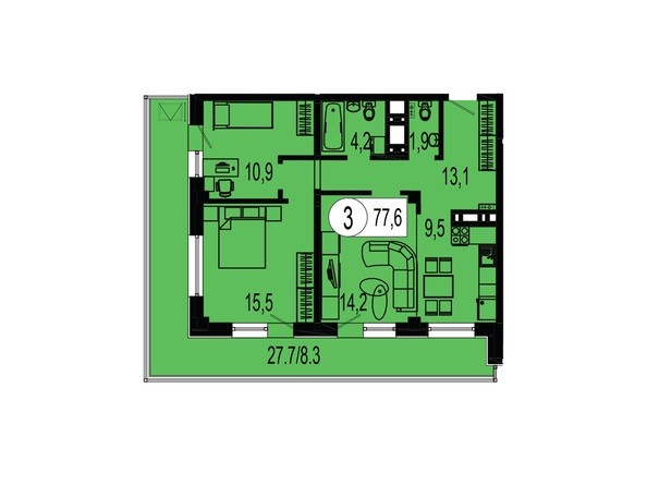 Планировка трехкомнатной квартиры 77,6 кв.м