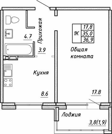 Планировка 1-комн 36,9 м²