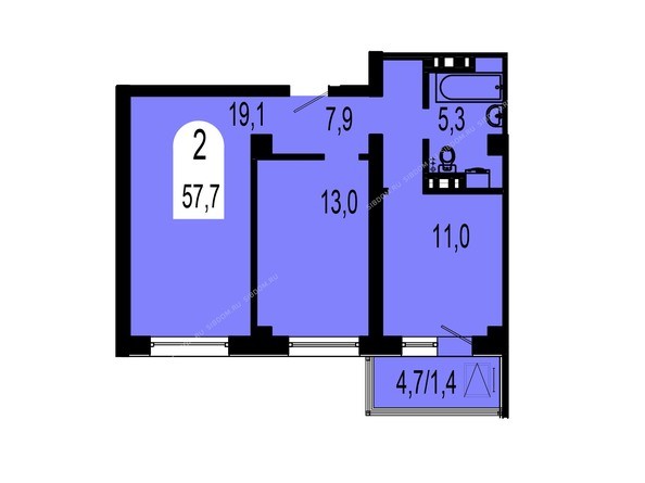 Планировка двухкомнатной квартиры 57,7 кв.м