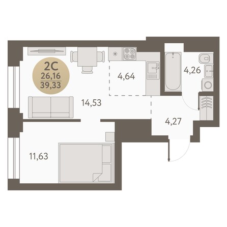 Планировка 2-комн 39,33 м²